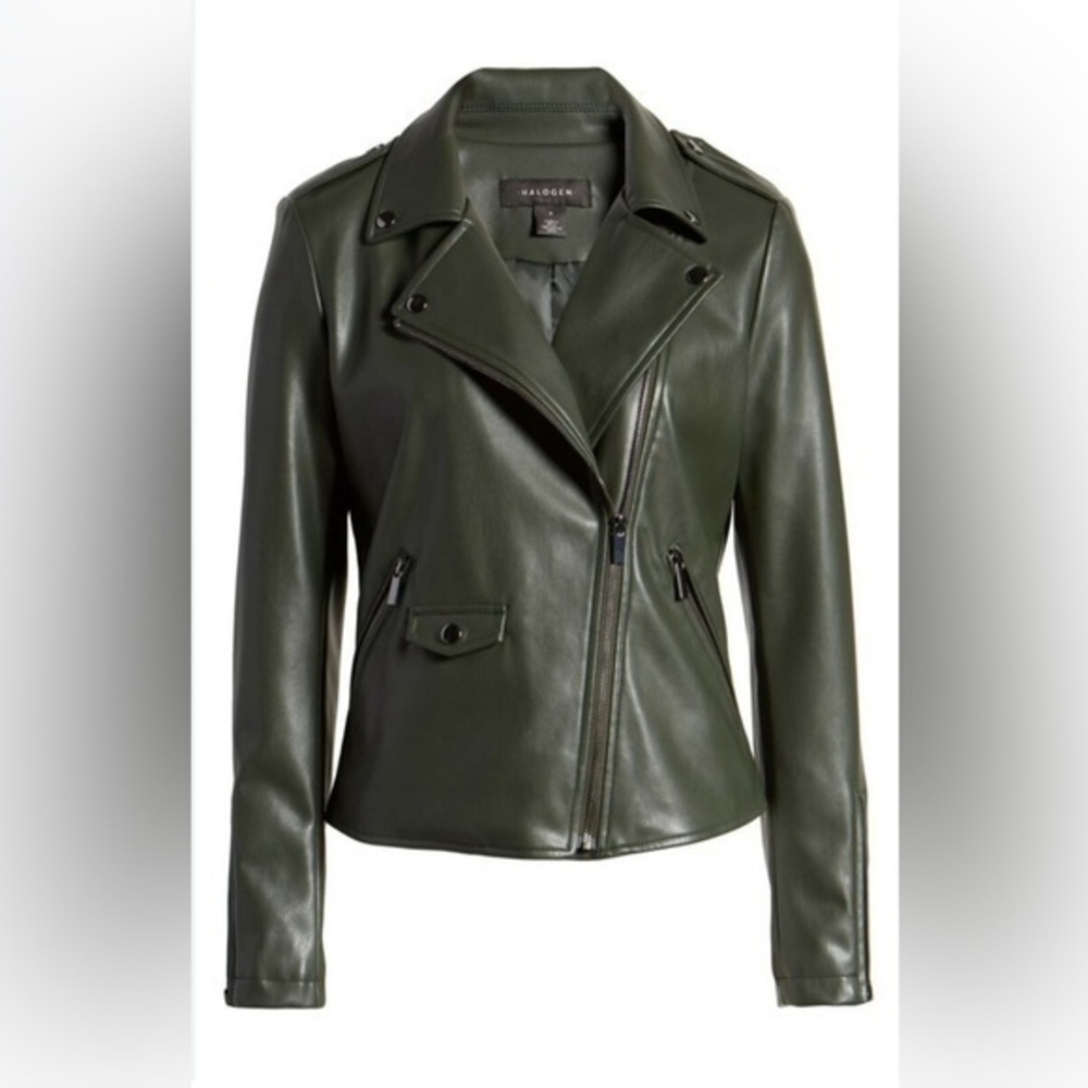 Halogen - Faux Leather Moto Jacket In Green - Size Medium